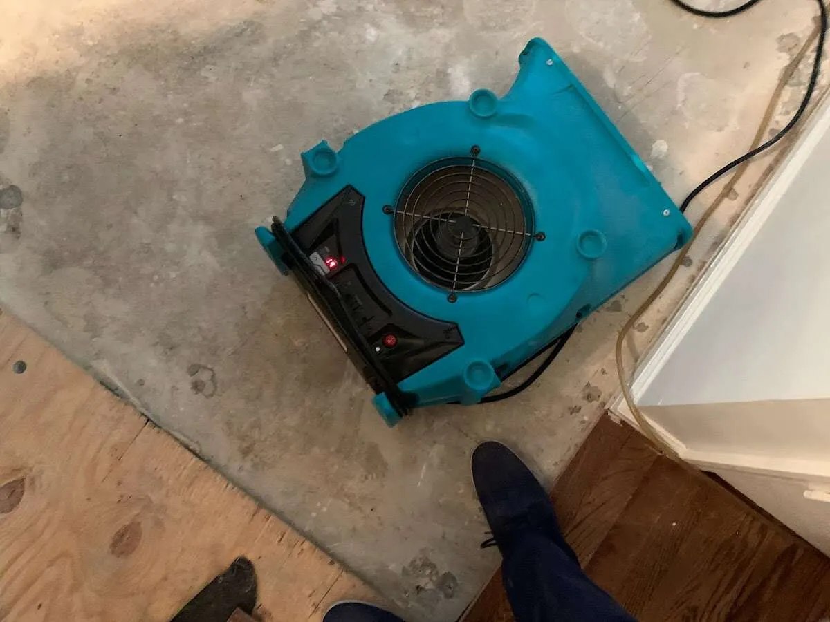 Air mover drying subfloor during Leak Detection & Repair in Chico